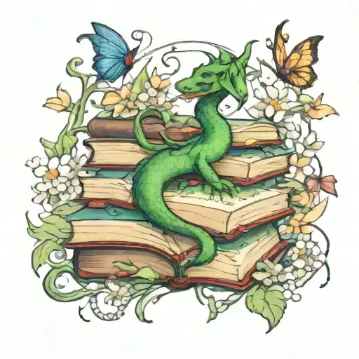 dragon hoarding stack of open books, wind and  light shooting up, with butterflies, flowers and leafy vines curling down tattoo design idea