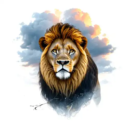 A realistic lion with a stormy sky background, capturing the power of nature tattoo design idea