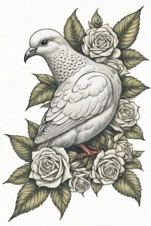 dove perched with olive branch wrapped surrounded by roses  tattoo design idea