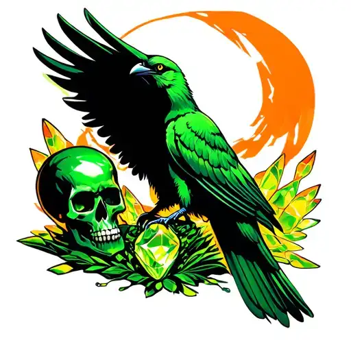 a tattoo to back of the hand. a green crow with spread wings standing on a green and orange crystal skull tattoo design idea