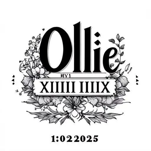 Name Ollie in Greek and date 12/02/2025 in roman numerals in pretty font  tattoo design idea