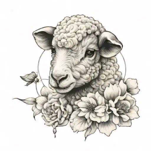 cute symmetrical lamb face made with fine line clouds tattoo design idea