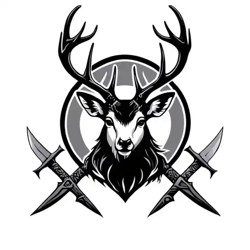 2 halberds crossed behind a beautiful deer head silhouette tattoo design idea