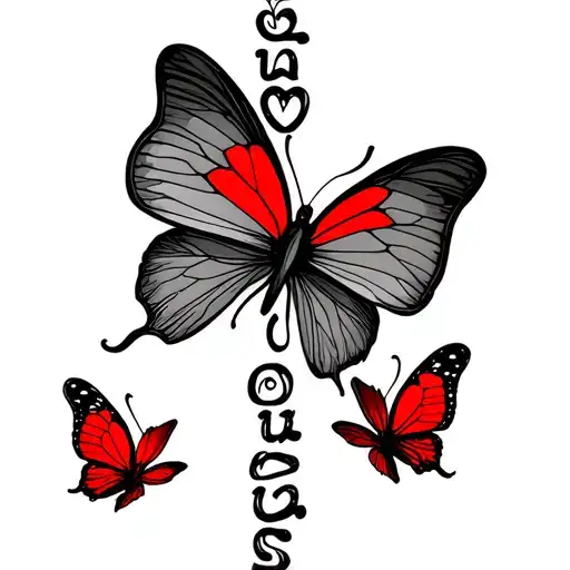 "love yours" written vertically with 2 little red butterflies next to it, dainty, type writer font tattoo design idea