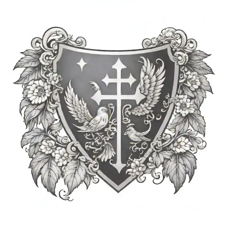 coat of arms dove wings mantling, cross in shield  tattoo design idea