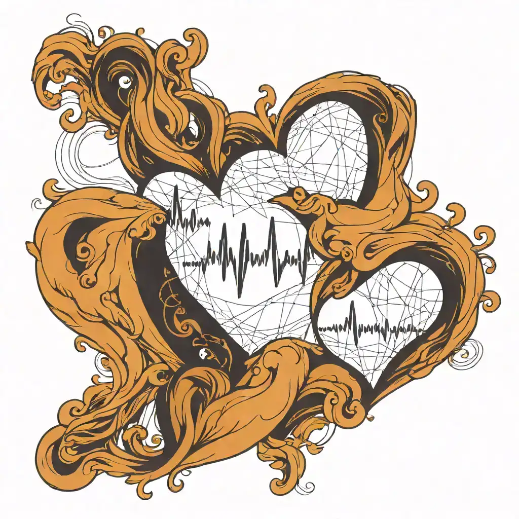 Design a pair of matching couple tattoos featuring a heart and a heartbeat line (EKG). The tattoo consists of a simple heart outline, followed by a continuous heartbeat line that extends across the wrist. The design is minimalistic, using fine black ink lines for a sleek and clean appearance. The heartbeat line is identical for both partners, symbolizing connection and love, with the heart at the start or end of the line. The overall aesthetic is simple yet meaningful, representing the bond between the couple. tattoo design idea