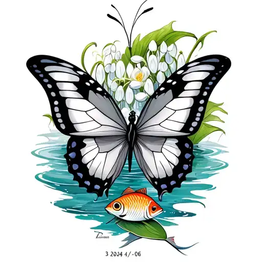 "3/20/46      1/23/06" Aquarius and Pisces butterfly intertwined surrounded by water lily of the valley and fish tattoo design idea