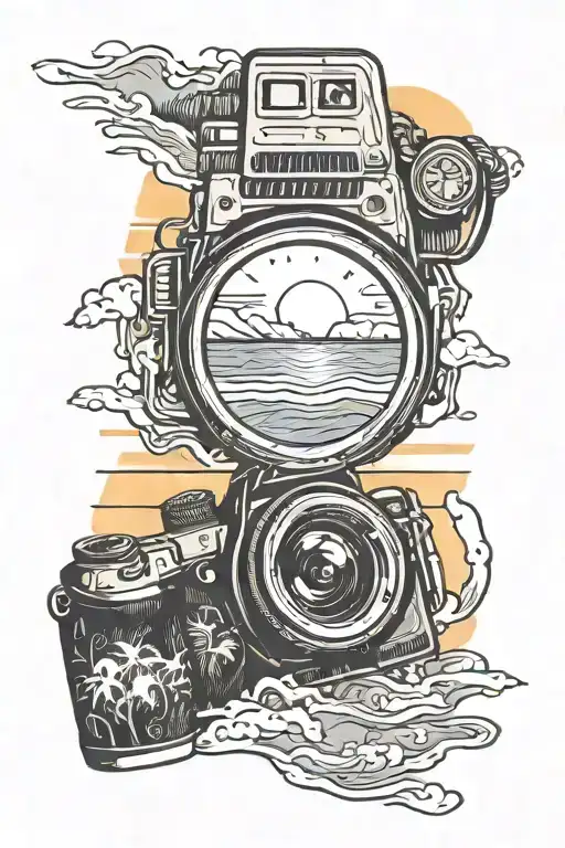 dslr camera with film strip scene on a beach sunset background tattoo design idea