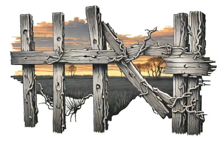 tattoo of a wooden plank fence the middle of the fence is broken to look like a cross. include a sunset. no color tattoo design idea