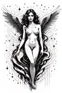 fallen angel in space thin line black and white abstract with detailed face and body. galaxy of stars behind her. tattoo design idea