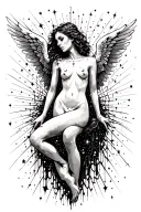 fallen angel in space thin line black and white abstract with detailed face and body. galaxy of stars behind her. tattoo design idea