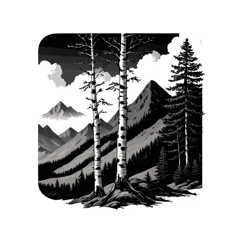 birch trees with mountains in the background tattoo design idea