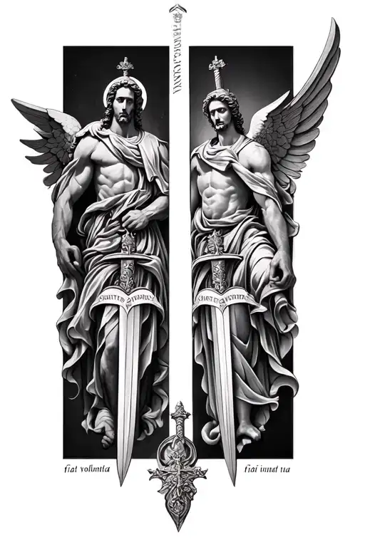 sleeve of st Michael with the words "fiat voluntas tua" on the sword tattoo design idea