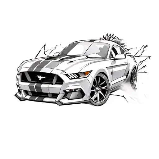 ford mustang logo with a 3d ghosted image of horse in the back ground on its hind legs front legs in the air tattoo design idea