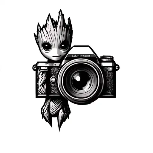 Baby Groot and Camera tattoo design idea