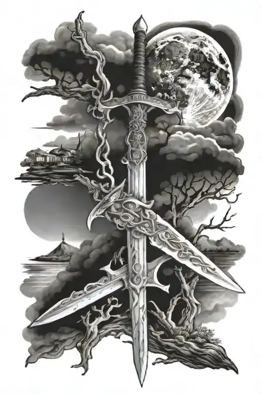 swords that reflect the moon and river tattoo design idea