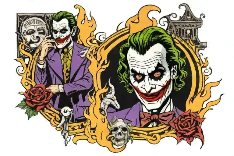 the Joker and burning city tattoo design idea