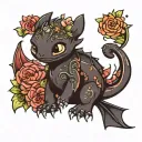 cute toothless night fury curled with flowers tattoo design idea