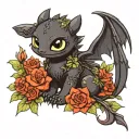 cute toothless night fury curled with flowers tattoo design idea