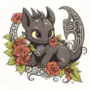 cute toothless night fury curled with flowers tattoo design idea