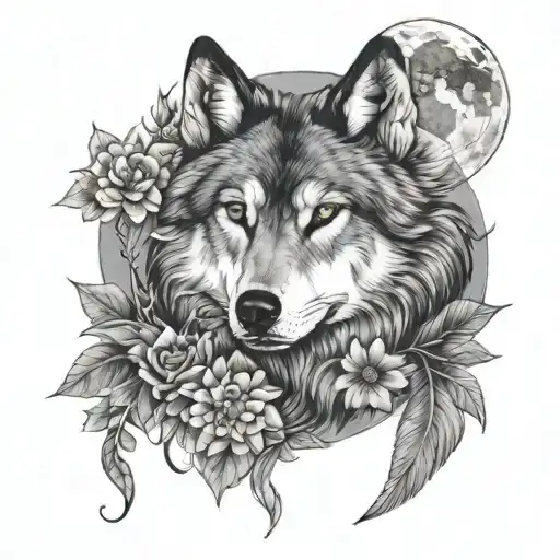 wolf, raven, moon and flowers intertwined tattoo design idea