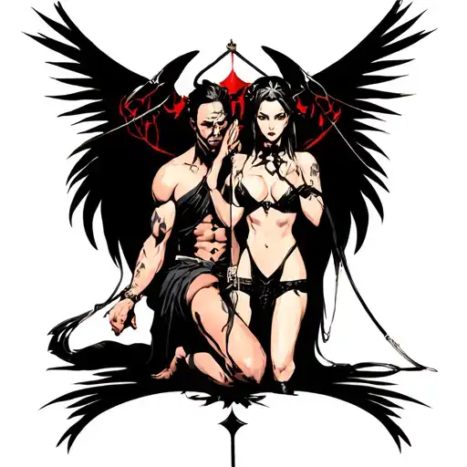 bdsm With a dongeon, whips,collars, s&M scene with man kneeling worshiping at a sexy Goddess feet while she stands. tattoo design idea