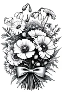 bouquet with snowdrops, carnations, poppies, aster, and chrysanthemums. fine line dainty with bow tying them together tattoo design idea