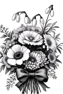 bouquet with snowdrops, carnations, poppies, aster, and chrysanthemums. fine line dainty with bow tying them together tattoo design idea