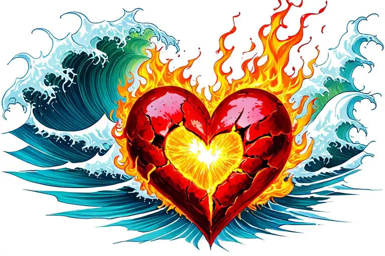 broken heart fire and waves crashing tattoo design idea