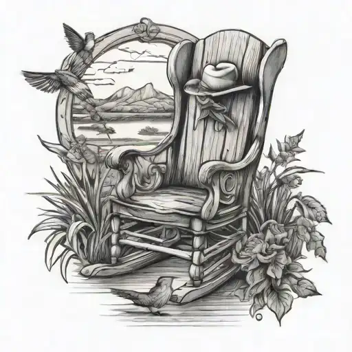 Rocking chair with cowboy hat cowboy boots and a hummingbird overlooking a pond and country scene tattoo design idea
