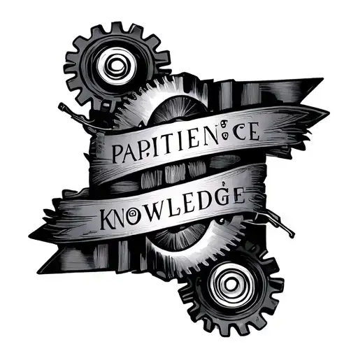 Tattoo consisting of the words: Patience, Knowledge. As Morse code: Mum, Dad and Hanna. Design: Reverse gear shift motor tattoo design idea