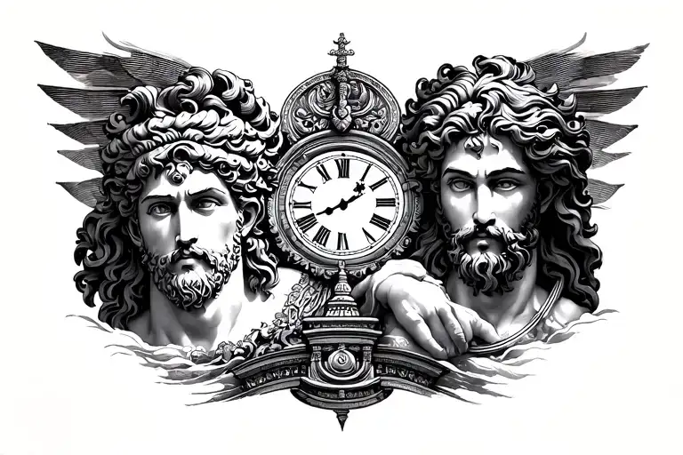 Greek god of wealth and the Greek god of time with the background being a huge temple and a clock behind the god of time tattoo design idea