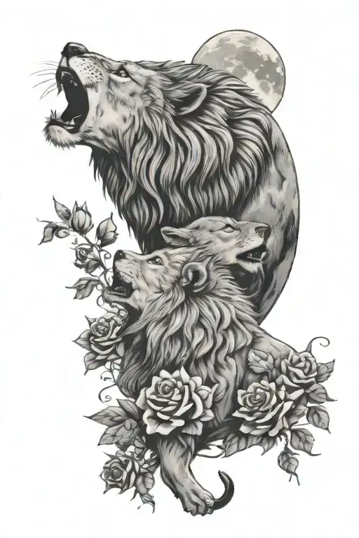 Lion and wolf howling at the moon with roses blooming tattoo design idea