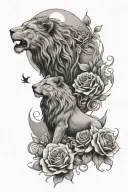 Lion and wolf howling at the moon with roses blooming tattoo design idea
