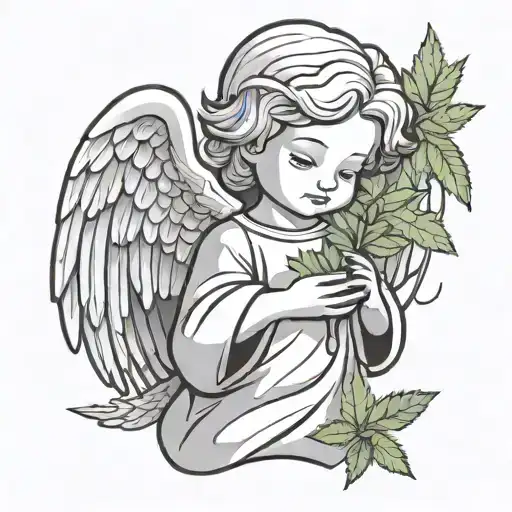 Create a minimalist cartoon angel, with an innocent face, carrying marijuana in his hands tattoo design idea