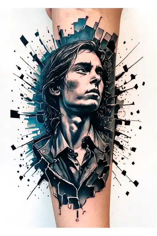 a forearm tattoo of a lonely person who is disintegrating into small pieces. One of the pieces evolves and gradually gro tattoo design idea