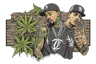 a rapper standing in front of a brick wall with marijuana leaf graffiti  tattoo design idea