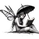 fairy reading a psychology book under an umbrella tattoo design idea