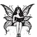 fairy reading a psychology book under an umbrella tattoo design idea