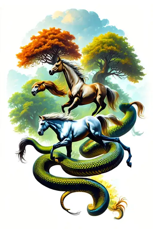 tiny horses running with scary snake trees in the background tattoo design idea