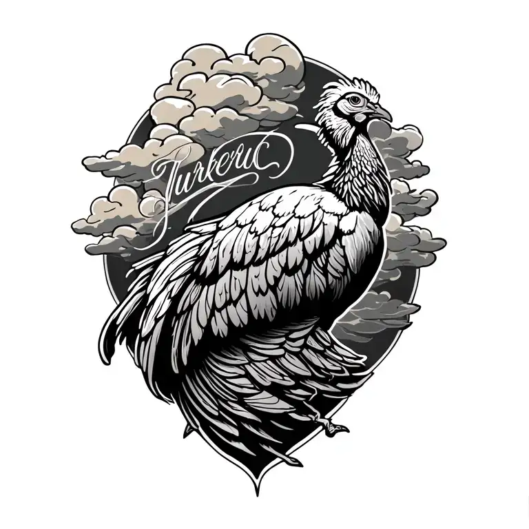 turkey wing surrounded by clouds with cursive writing tattoo design idea