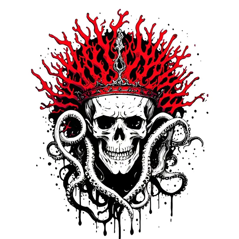 King Of Bones With A Coral Crown, Hades 2 Style, Eldritch, Tentacles, Lovecraftian, Deep Sea background  tattoo design idea