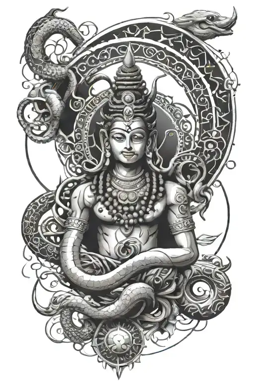 trishul,third eye,damaru,rudraksha,tripundra, nandi,crescent moonand snake .all elemts of lord shiva geometric tattoo tattoo design idea