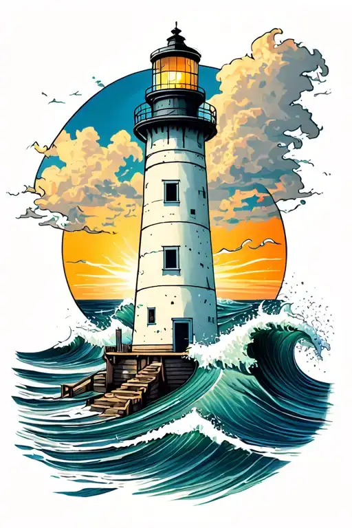 lighthouse standing tall amidst crashing waves tattoo design idea