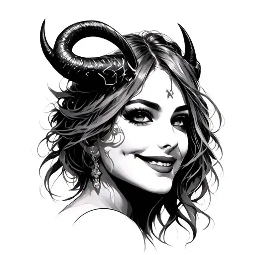 Realistic Evil Female face pretty with horns smiling 3/4 face profile  tattoo design idea