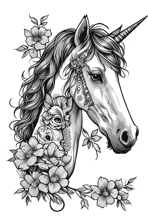 mom and baby unicorn, love, flowers surrounding tattoo design idea