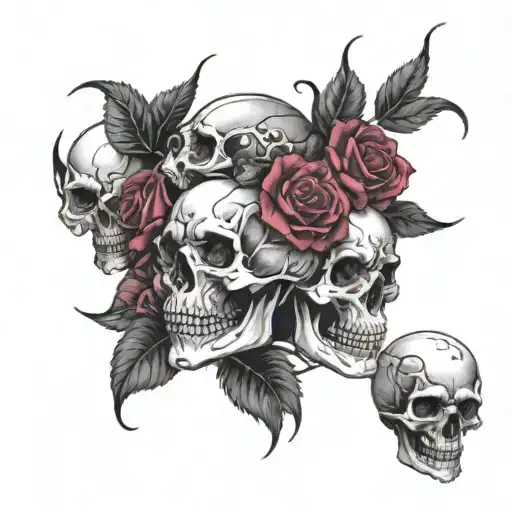 6 skulls all evil looking 1 bigger one and 5 around same size. 5 roses purple and and red and black 1 Gothic Roman numer tattoo design idea