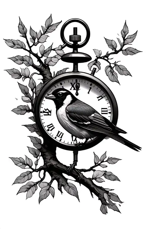 stop watch and sparrow with a willow tree in the background tattoo design idea
