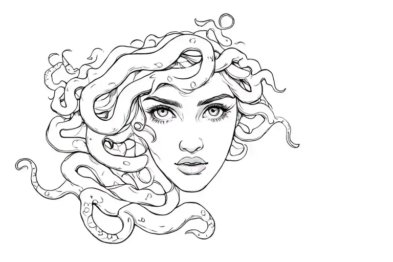 A Medusa with a beautiful and attractive face that has big, beautiful eyes and lips. tattoo design idea
