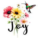"Joy" Daisy, black eyed Susan flower, poppy, mum, bouquet, hummingbird, butterfly tattoo design idea